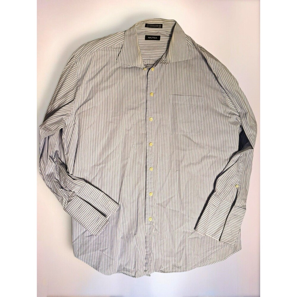 Nautica Men's Classic Fit Cotton Dress Shirt Blue/White Striped 17.5 34/35